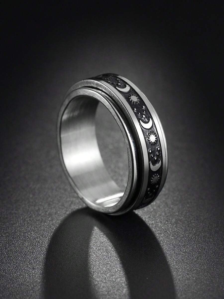 時尚流行1件套時尚不銹鋼太陽和月亮細節戒指男士日常裝飾珠寶禮物和時尚外觀 - 彩色 - 查看 1