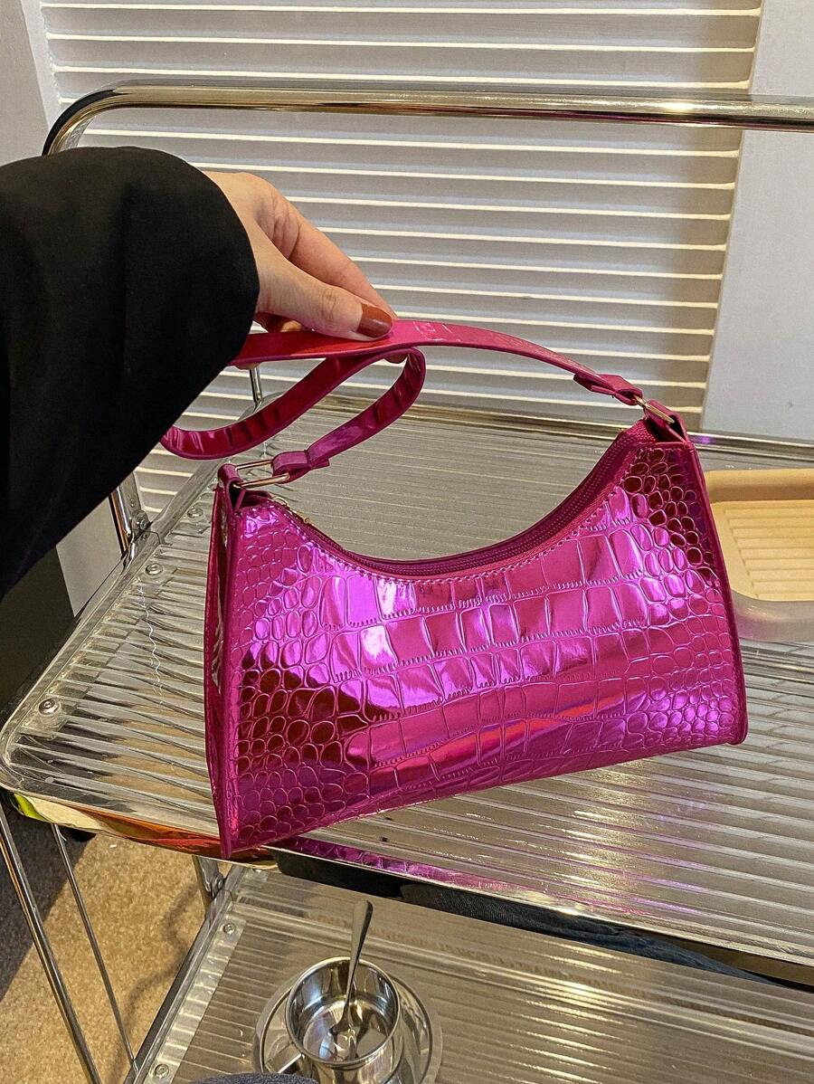 Dập nổi cá sấu Cái túi Mốt Kim loại - Màu Hồng Tươi - Xem 1