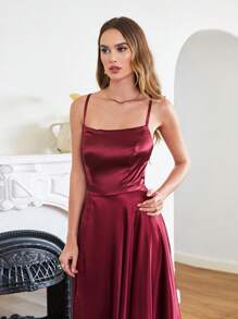 BABYONLINE D.R.E.S.S. Split Thigh Satin Cami Dress - Burgundy - View 4