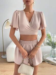 SHEIN Privé Surplice Neck Butterfly Sleeve Crop Top & Shorts - Apricot - View 2