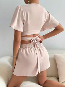 SHEIN Privé Surplice Neck Butterfly Sleeve Crop Top & Shorts - Apricot - View 3