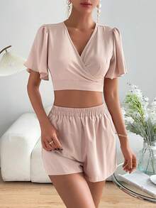 SHEIN Privé Surplice Neck Butterfly Sleeve Crop Top & Shorts - Apricot - View 5