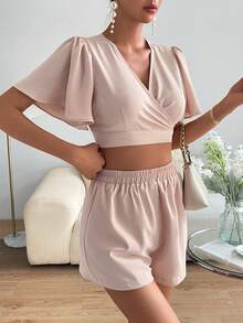 SHEIN Privé Surplice Neck Butterfly Sleeve Crop Top & Shorts - Apricot - View 6