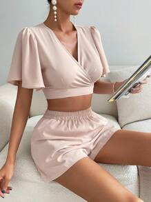 SHEIN Privé Surplice Neck Butterfly Sleeve Crop Top & Shorts - Apricot - View 1