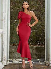 Knot Shoulder Asymmetrical Hem Dress - Red - View 5
