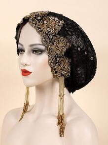 1pc Women Rhinestone & Bead Tassel Decor Fashionable Hat For Daily Life Bonnet Hair Bonnet Turban - Black - View 1