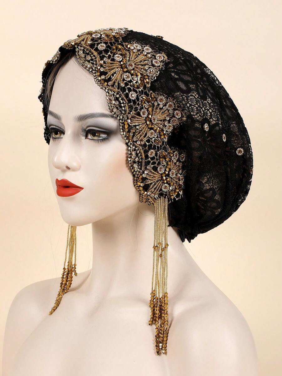 1pc Women Rhinestone & Bead Tassel Decor Fashionable Hat For Daily Life Bonnet Hair Bonnet Turban - Black - View 1