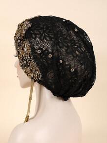 1pc Women Rhinestone & Bead Tassel Decor Fashionable Hat For Daily Life Bonnet Hair Bonnet Turban - Black - View 2