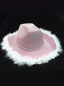 1入組女士水鑽裝飾蓬鬆飾邊牛仔帽適合派對 - 淺粉色 - 查看 2