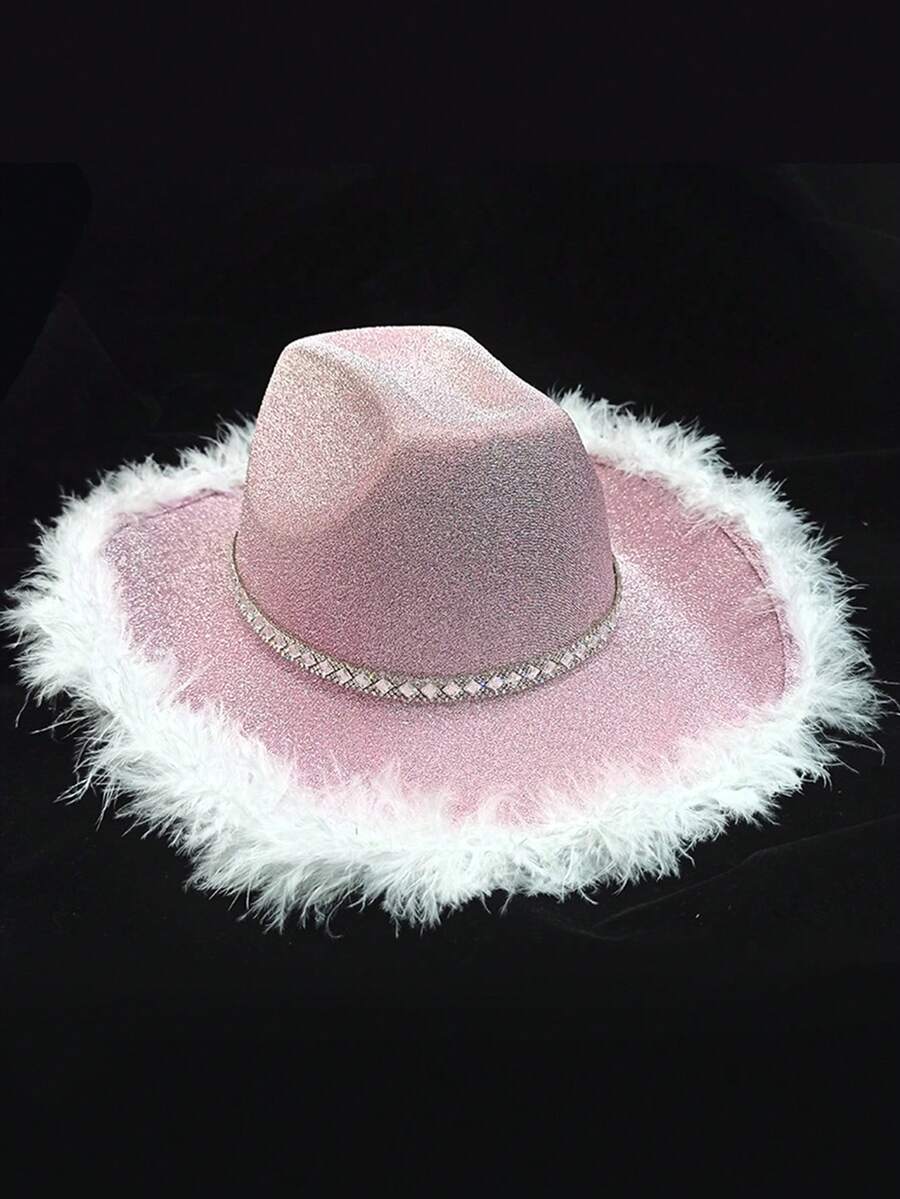 1入組女士水鑽裝飾蓬鬆飾邊牛仔帽適合派對