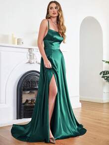 BABYONLINE D.R.E.S.S. 高衩緞面吊帶連衣裙 - 墨綠色 - 查看 4