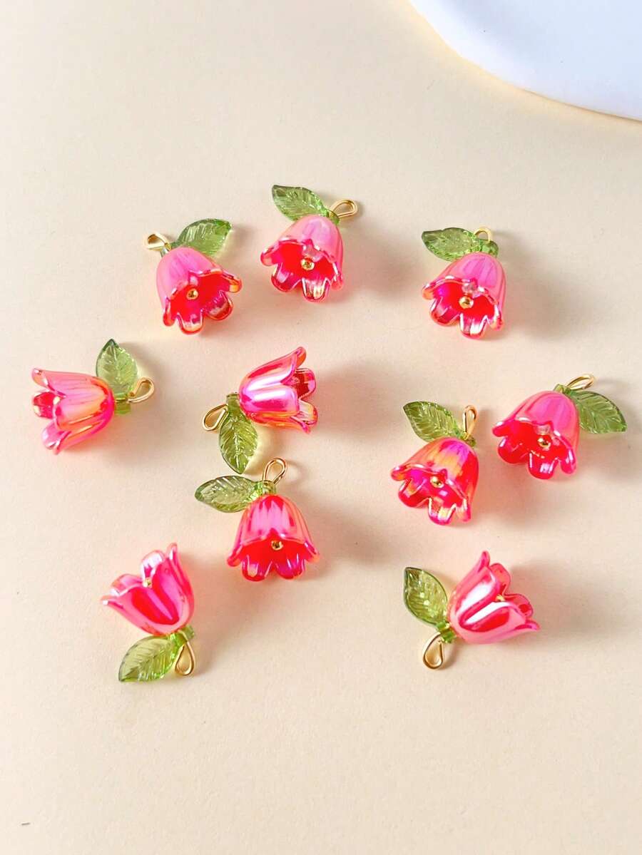 10入組時尚紅色花朵形狀吊墜適用於耳環、項鍊製作