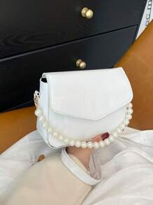 迷你方包珍珠串珠鱷魚壓紋翻蓋白色PU皮革