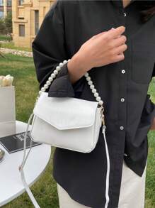 迷你方包珍珠串珠鱷魚壓紋翻蓋白色PU皮革