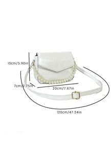 迷你方包珍珠串珠鱷魚壓紋翻蓋白色PU皮革