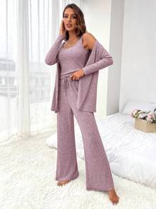 3入組條紋針織前打結休閒服套裝 - 淺灰紫 - 查看 3