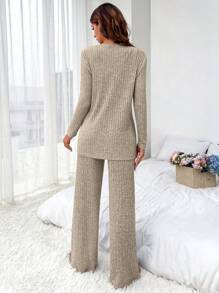 Solid Ribbed Knit Lounge Set With Coat - Khaki - View 2