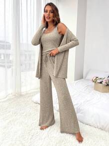 Solid Ribbed Knit Lounge Set With Coat - Khaki - View 4