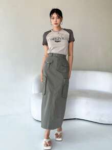 DAZY 字母圖案拼接插肩袖T恤 - 淺灰色 - 查看 6