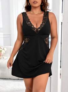 Đầm mặc nhà Kích Thước Lớn Tương phản ren màu trơn Gợi cảm - màu đen - Xem 5