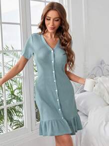 Vestido homewear bajo con fruncido tejido waffle - verde menta - Ver 5