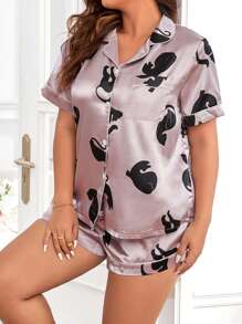 Conjunto de pijama con estampado de gato ribete en contraste de satén - Púrpura polvoriento - Ver 4