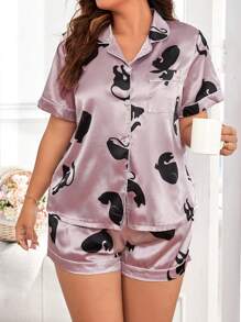 Conjunto de pijama con estampado de gato ribete en contraste de satén - Púrpura polvoriento - Ver 6