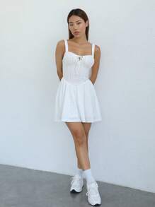 Tie Front Ruched Bust Cami Dress - White - View 5