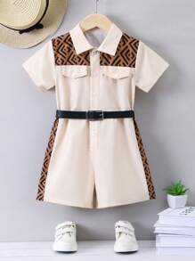 SHEIN 小男童幾何印花翻蓋細節襯衫連體短褲