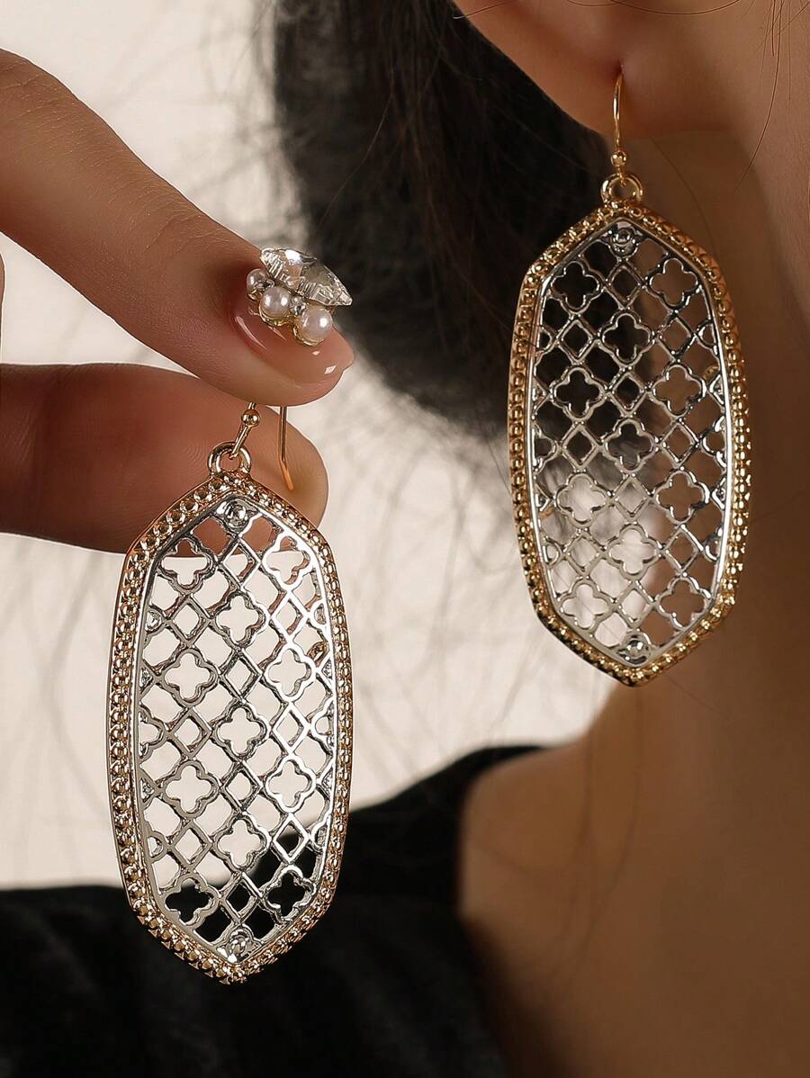 1雙時尚鋅合金鏤空幾何耳墜適合女士日常裝飾 - 彩色 - 查看 1