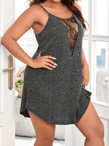Plus Contrast Lace Cami Pajama Nightdress - Dark Grey - View 5