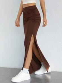 SHEIN EZwear Váy nữ Xù Tách cao màu trơn Giải trí - Cà phê nâu - Xem 1