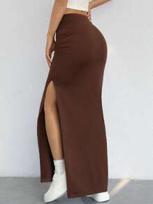 SHEIN EZwear Váy nữ Xù Tách cao màu trơn Giải trí - Cà phê nâu - Xem 2