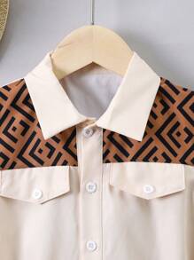 SHEIN 小男童幾何印花翻蓋細節襯衫連體短褲