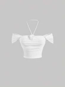 SHEIN MOD Floral Appliques Ruched Crop Top