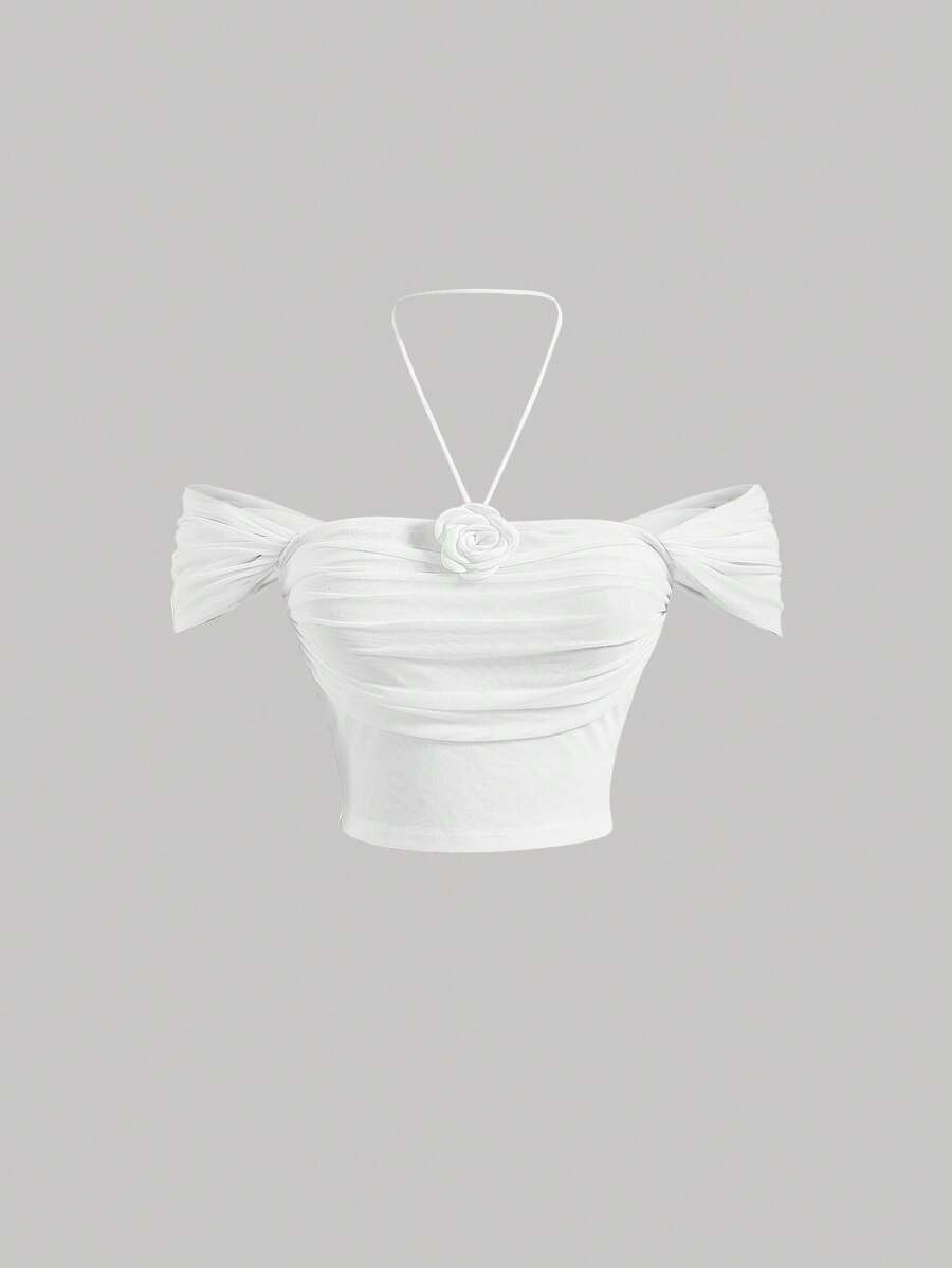 SHEIN MOD Floral Appliques Ruched Crop Top