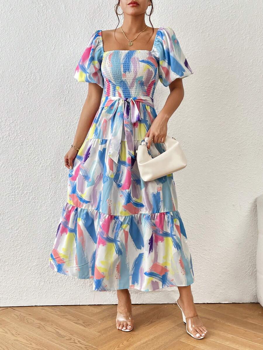 Aveloria Brush Print Square Neck Ruffle Hem Belted Dress - Multicolor - View 1