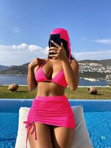 SHEIN Swim 素色掛脖三角杯比基尼泳裝附沙灘裙和方巾 - 玫紅色 - 查看 1