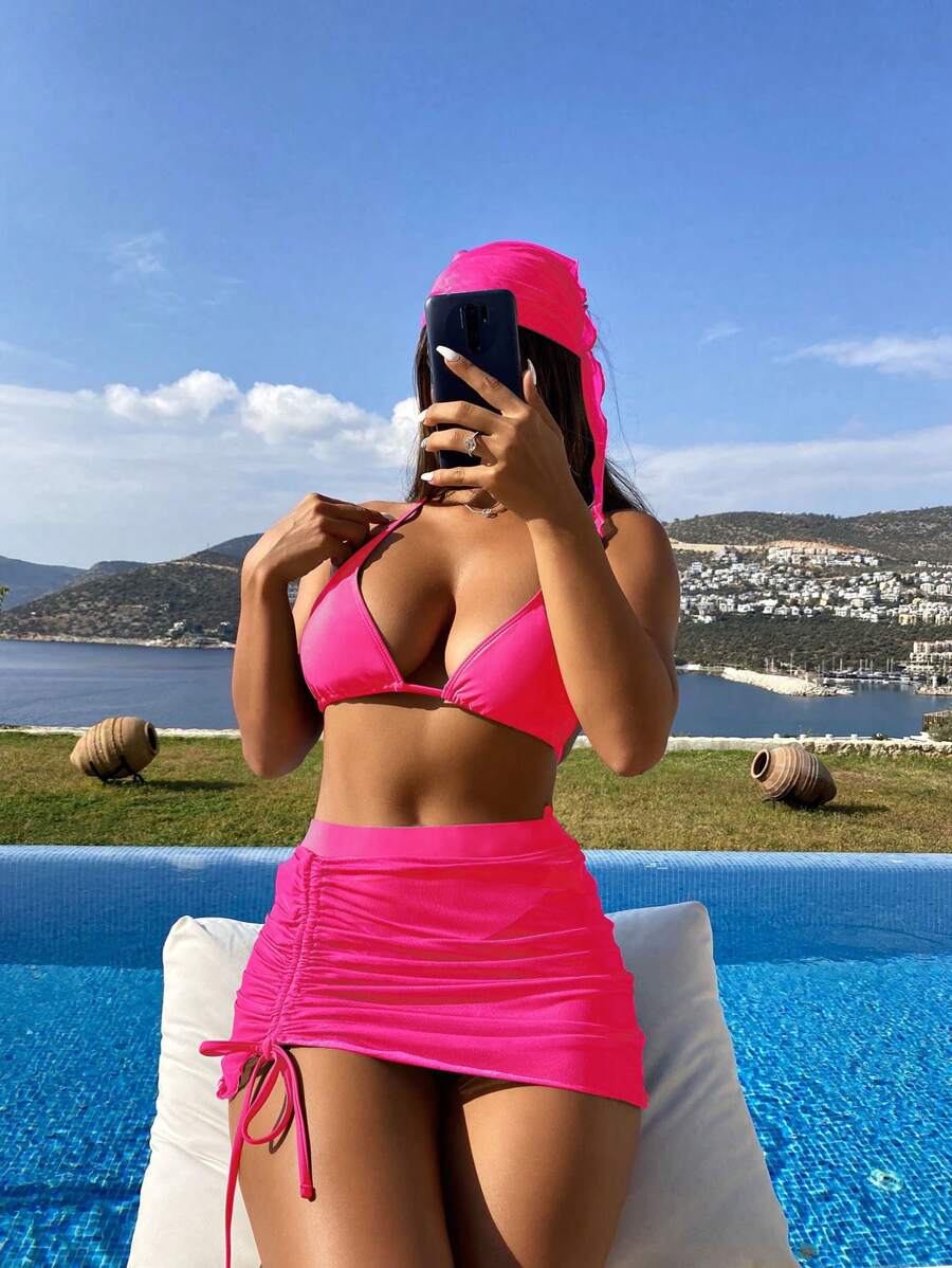 SHEIN Swim 素色掛脖三角杯比基尼泳裝附沙灘裙和方巾 - 玫紅色 - 查看 1
