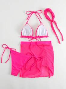 SHEIN Swim 素色掛脖三角杯比基尼泳裝附沙灘裙和方巾 - 玫紅色 - 查看 2