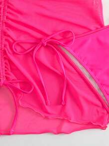 SHEIN Swim 素色掛脖三角杯比基尼泳裝附沙灘裙和方巾 - 玫紅色 - 查看 4