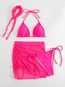 SHEIN Swim 素色掛脖三角杯比基尼泳裝附沙灘裙和方巾 - 玫紅色 - 查看 5