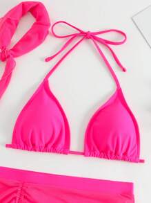SHEIN Swim 素色掛脖三角杯比基尼泳裝附沙灘裙和方巾 - 玫紅色 - 查看 6