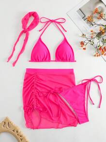 SHEIN Swim 素色掛脖三角杯比基尼泳裝附沙灘裙和方巾 - 玫紅色 - 查看 7