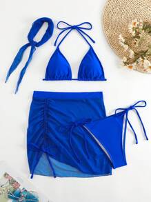 Swim SXY 素色掛脖三角杯比基尼泳裝附沙灘裙和方巾 - 寶藍色 - 查看 6