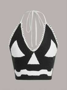 卡通圖案後背繫帶吊脖針織上衣 - 黑與白 - 查看 1