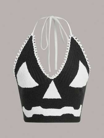 Cartoon Pattern Tie Backless Halter Knit Top