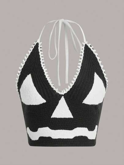 Cartoon Pattern Tie Backless Halter Knit Top
