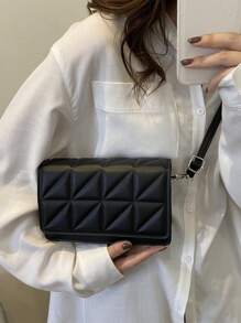 輕量商務休閒迷你純色絎縫細節翻蓋方形單肩包,格子設計斜挎包,簡約錢包帶可調節肩帶,適合青少年女孩女大學生、菜鳥和白領,非常適合辦公室、大學、工作、商務、通勤、戶外, 旅遊, 郊遊 - 黑色 - 查看 5