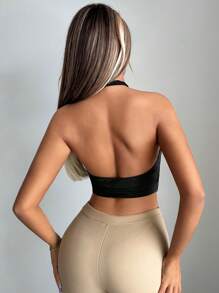 SHEIN ICON 前鏤空頭巾下擺繞頸短上衣 - 黑色 - 查看 2